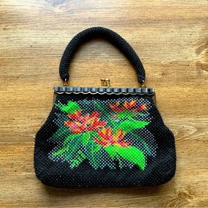 Vintage 60s Black Candy Dot Handbag Purse Floral Print Retro